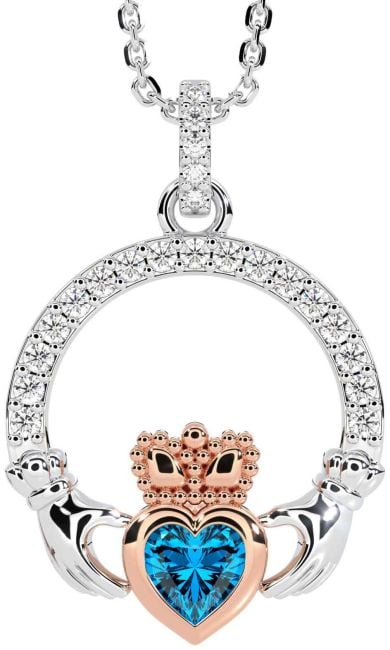 Diamond Topaz Rose Gold Silver Claddagh Necklace