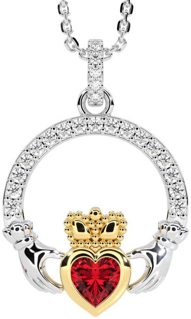 Diamond Ruby Gold Silver Claddagh Necklace