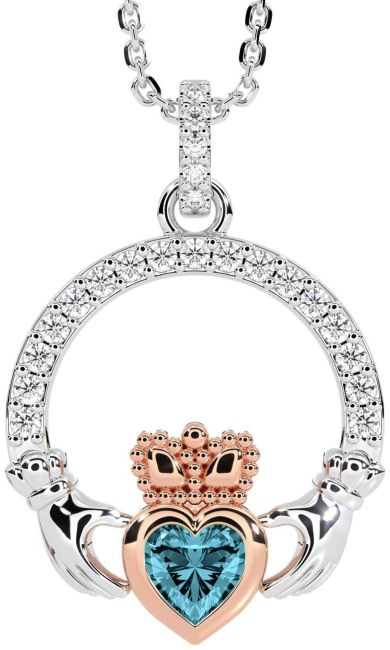 Diamond Aquamarine Rose Gold Silver Claddagh Necklace