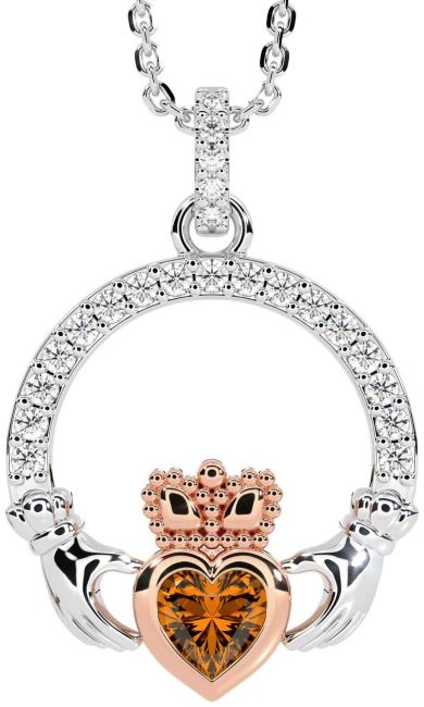 Diamond Citrine Rose Gold Silver Claddagh Necklace