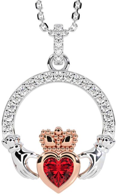 Diamond Ruby Rose Gold Silver Claddagh Necklace