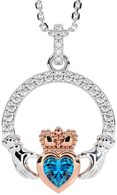 Diamond Topaz Rose Gold Silver Claddagh Necklace
