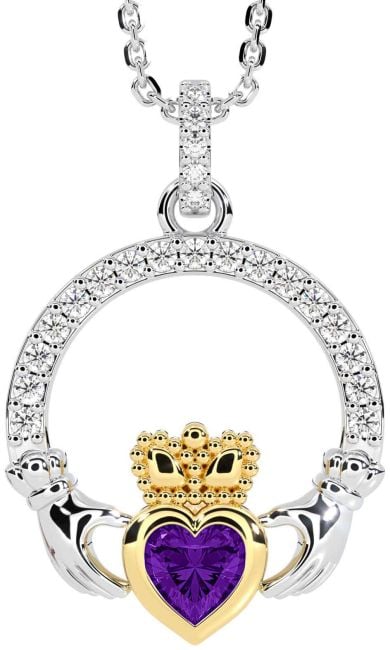 Diamond Amethyst Gold Silver Claddagh Necklace