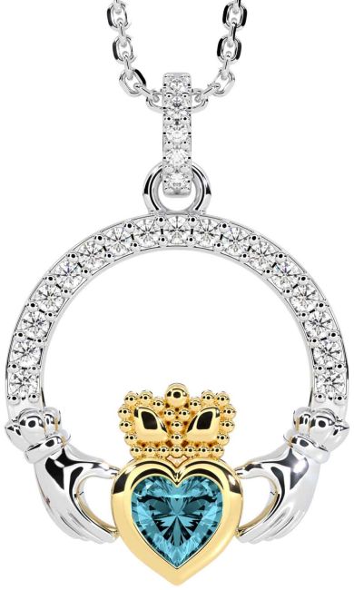 Diamond Aquamarine Gold Silver Claddagh Necklace