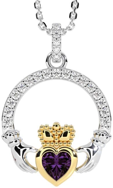 Diamond Alexandrite Gold Silver Claddagh Necklace