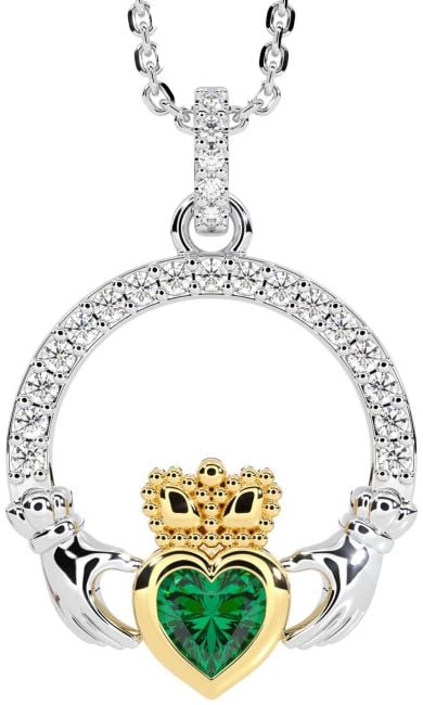Diamond Emerald Gold Silver Claddagh Necklace