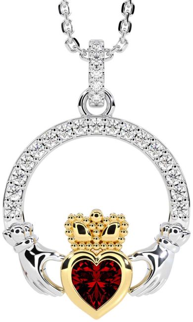 Diamond Garnet Gold Silver Claddagh Necklace