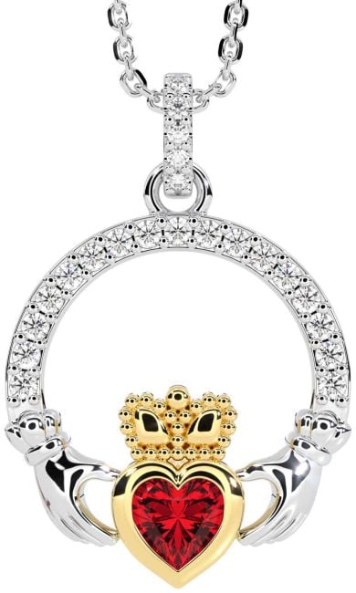 Diamond Ruby Gold Silver Claddagh Necklace