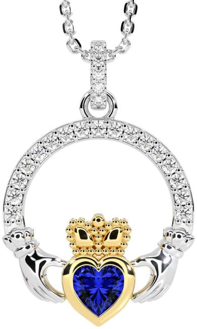 Diamond Sapphire Gold Silver Claddagh Necklace