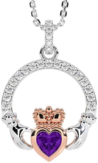 Diamond Amethyst White Rose Gold Claddagh Necklace