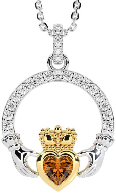 Diamond Citrine White Yellow Gold Claddagh Necklace