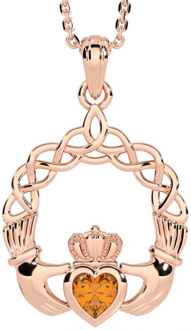 Citrine Rose Gold Silver Claddagh Necklace