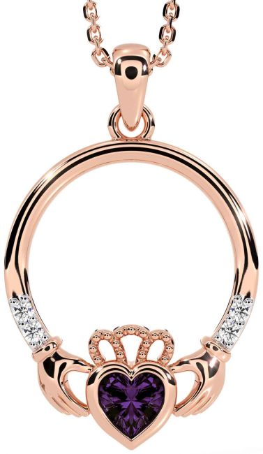 Diamond Alexandrite Rose Gold Silver Claddagh Necklace