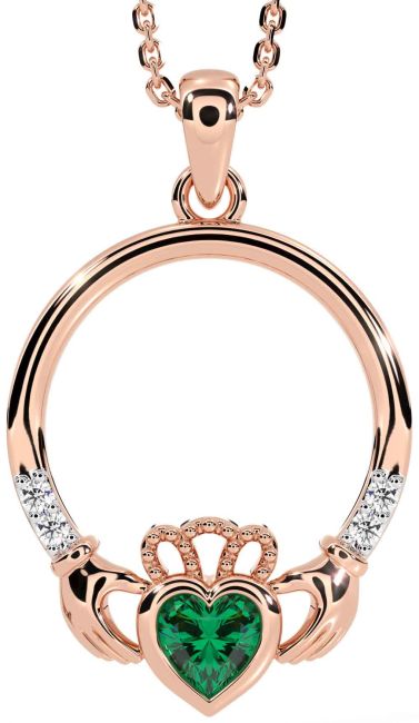 Diamond Emerald Rose Gold Silver Claddagh Necklace