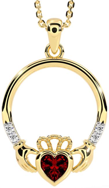 Diamond Garnet Gold Silver Claddagh Necklace