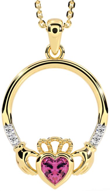 Diamond Pink Tourmaline Gold Silver Claddagh Necklace