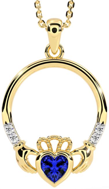 Diamond Sapphire Gold Silver Claddagh Necklace