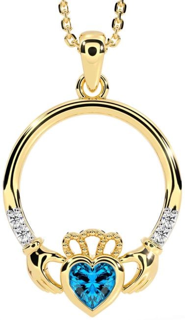 Diamond Topaz Gold Silver Claddagh Necklace