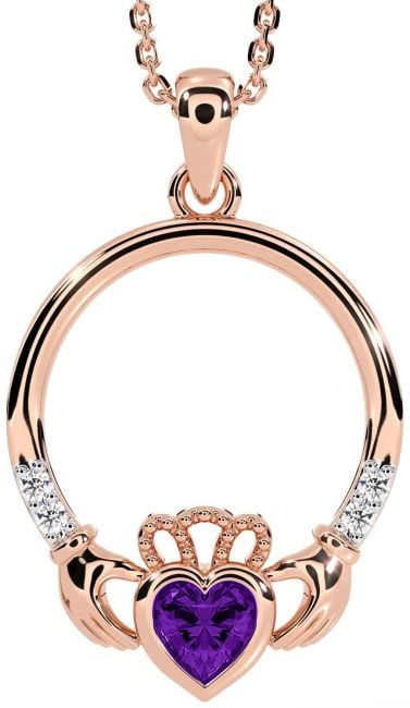 Diamond Amethyst Rose Gold Claddagh Necklace