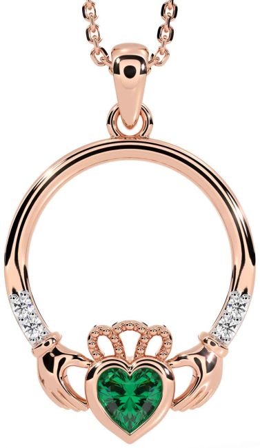 Diamond Emerald Rose Gold Claddagh Necklace