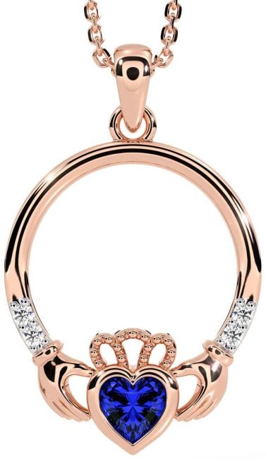 Diamond Sapphire Rose Gold Claddagh Necklace