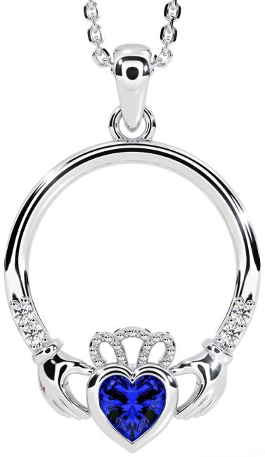 Diamond Sapphire Silver Claddagh Necklace