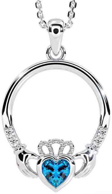 Diamond Topaz Silver Claddagh Necklace