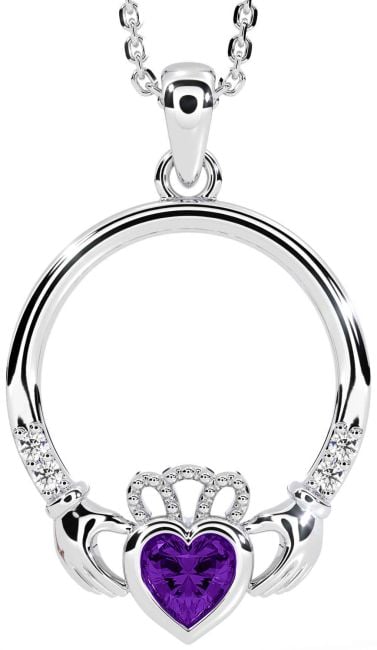 Diamond Amethyst White Gold Claddagh Necklace