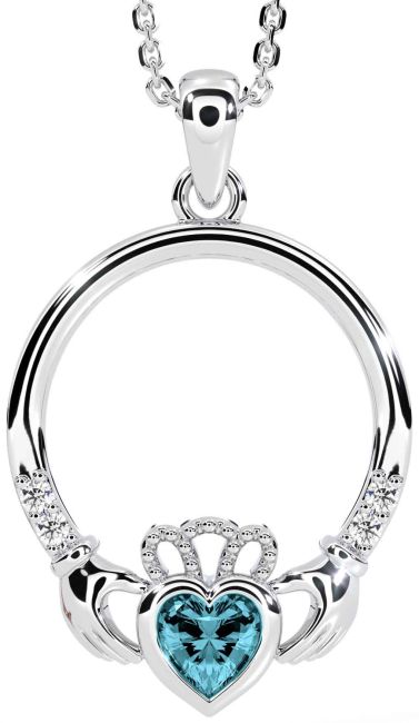 Diamond Aquamarine White Gold Claddagh Necklace