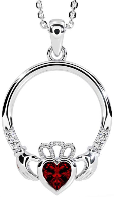 Diamond Garnet White Gold Claddagh Necklace