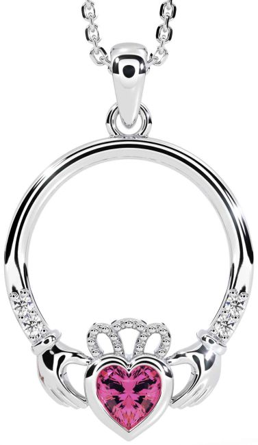 Diamond Pink Tourmaline White Gold Claddagh Necklace