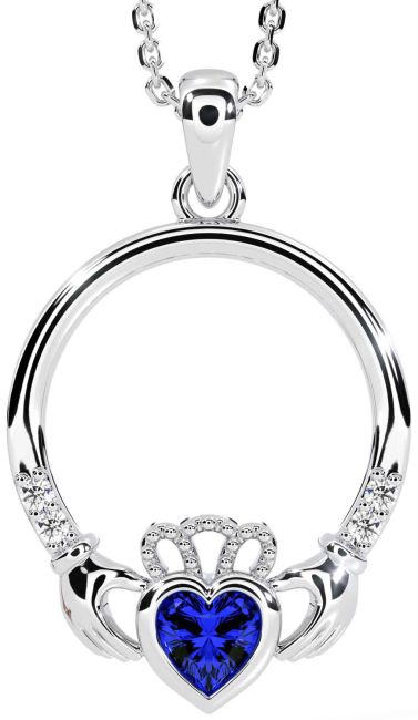 Diamond Sapphire White Gold Claddagh Necklace