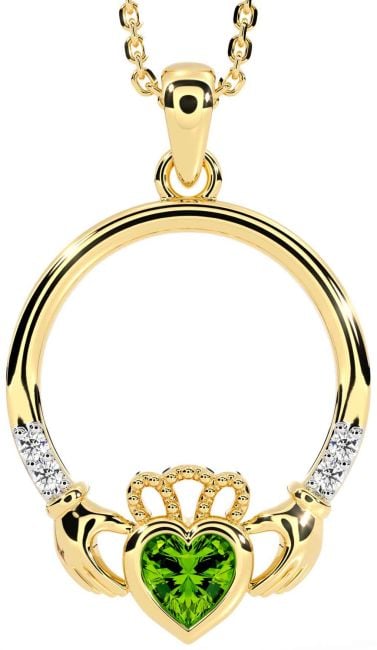 Diamond Peridot Gold Claddagh Necklace