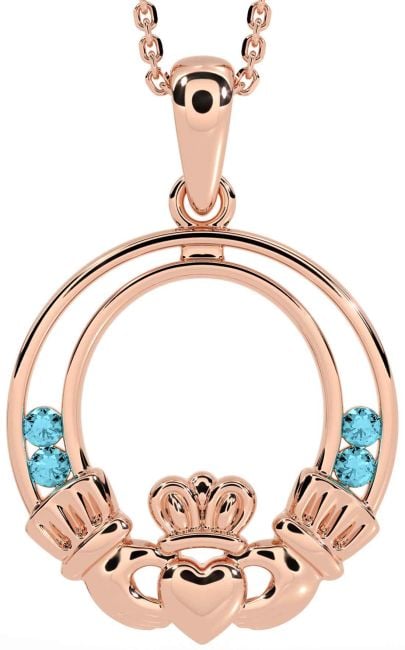 Aquamarine Rose Gold Silver Claddagh Necklace