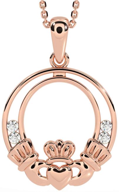 Diamond Rose Gold Silver Claddagh Necklace