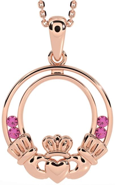 Pink Tourmaline Rose Gold Silver Claddagh Necklace