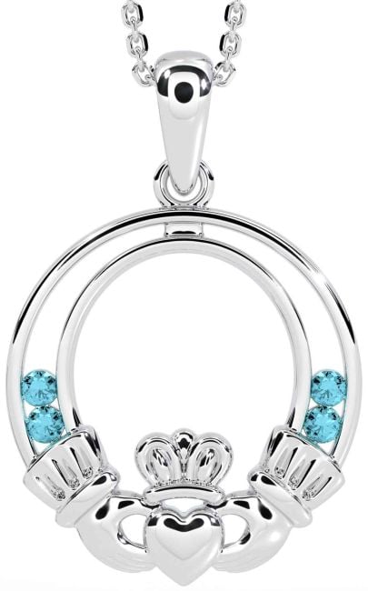 Aquamarine Silver Claddagh Necklace