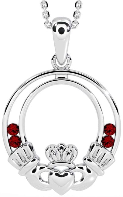 Garnet White Gold Claddagh Necklace