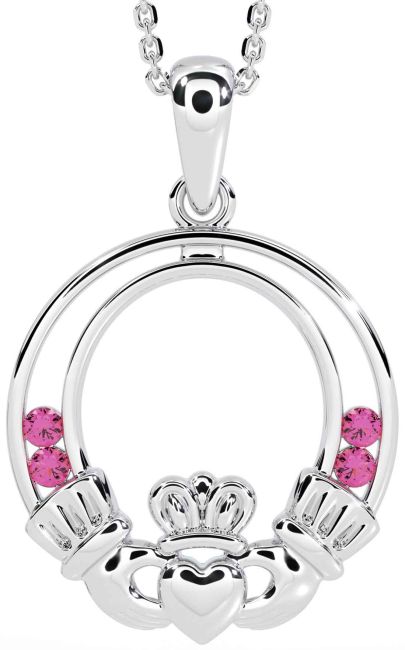 Pink Tourmaline White Gold Claddagh Necklace