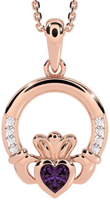 Diamond Alexandrite Rose Gold Silver Claddagh Necklace