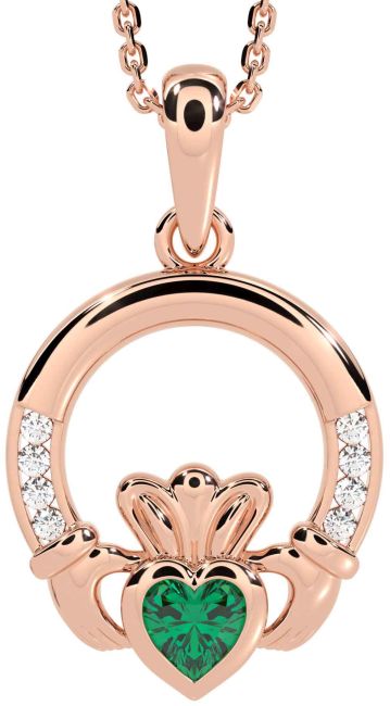 Diamond Emerald Rose Gold Silver Claddagh Necklace