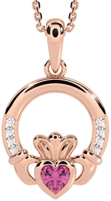 Diamond Pink Tourmaline Rose Gold Silver Claddagh Necklace