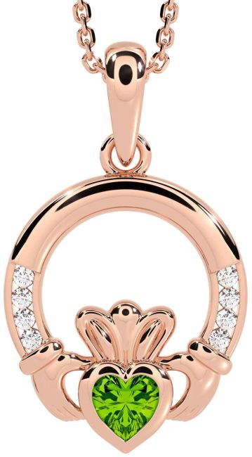 Diamond Peridot Rose Gold Silver Claddagh Necklace