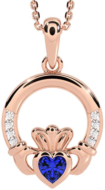 Diamond Sapphire Rose Gold Silver Claddagh Necklace