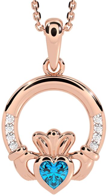 Diamond Topaz Rose Gold Silver Claddagh Necklace