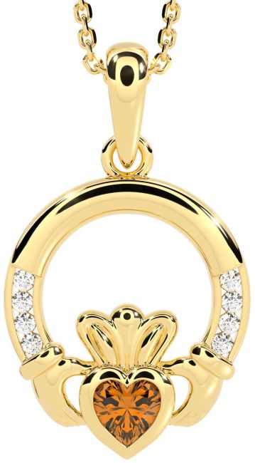 Diamond Citrine Gold Silver Claddagh Necklace