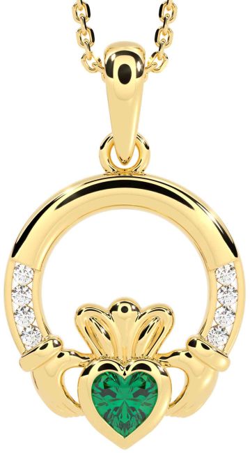 Diamond Emerald Gold Silver Claddagh Necklace