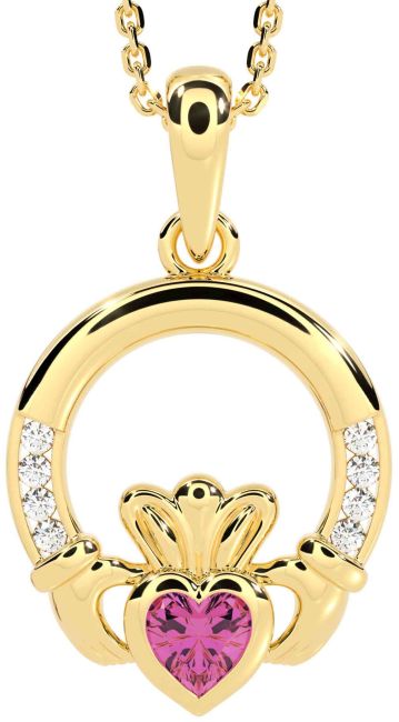 Diamond Pink Tourmaline Gold Silver Claddagh Necklace