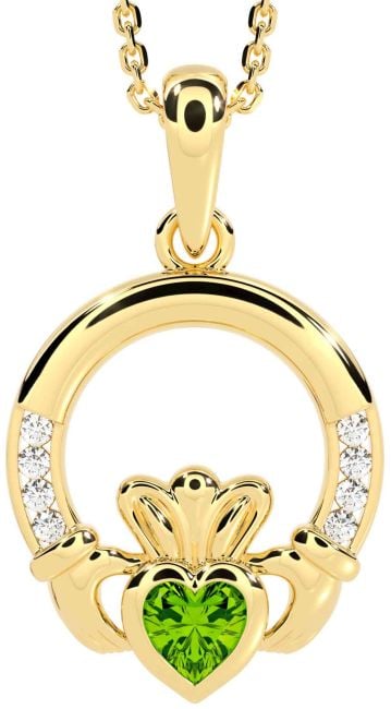 Diamond Peridot Gold Silver Claddagh Necklace