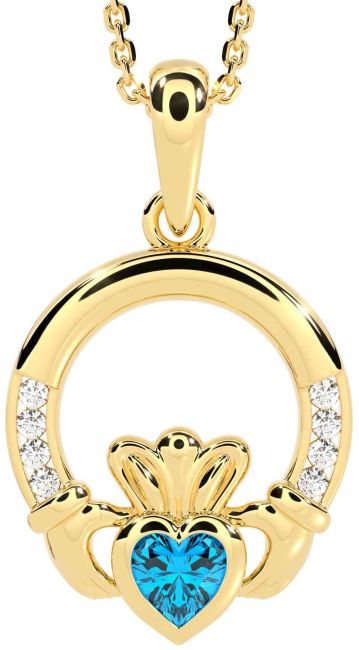 Diamond Topaz Gold Silver Claddagh Necklace